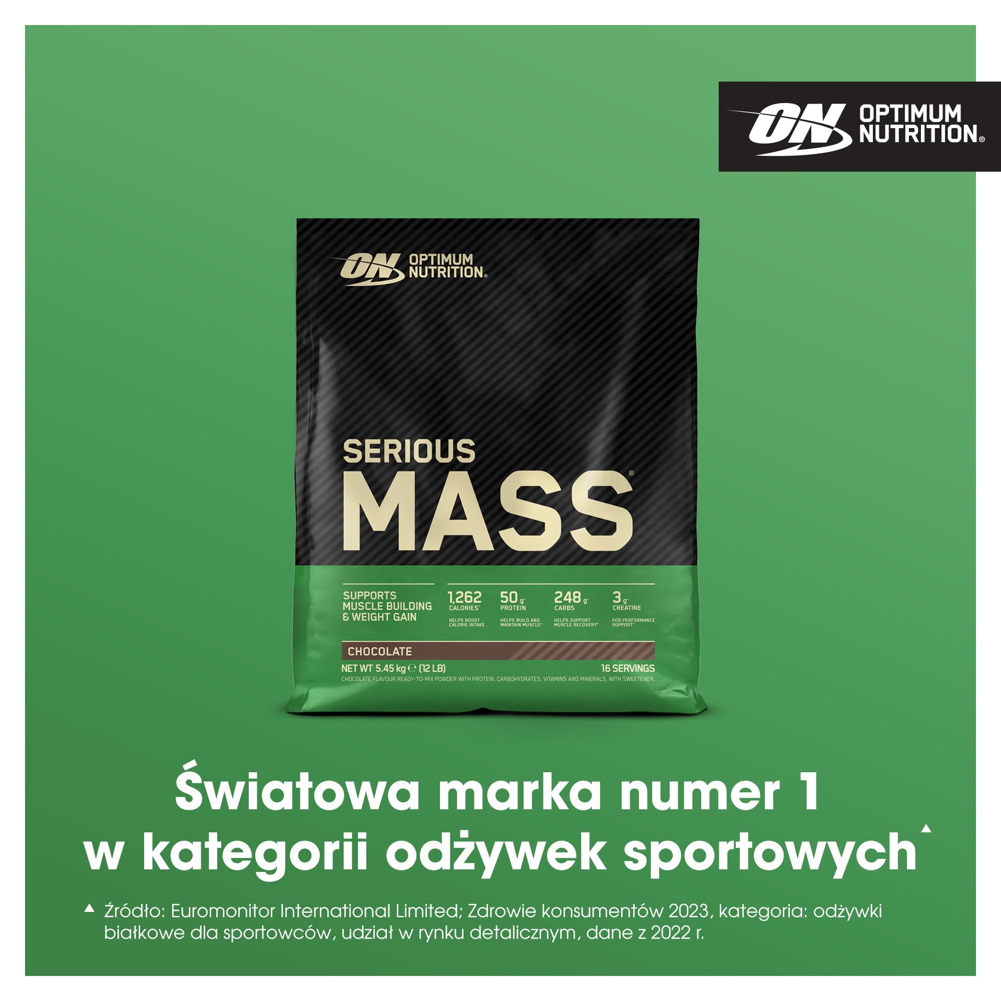Optimum Nutrition Serious Mass Wysokokaloryczna Odżywka Białkowa, Gainer na Wzrost Masy Mięśniowej, 25 Witamin i Minerałów, Monohydrat Kreatyny i Glutamina, Smak Czekoladowy, 16 Porcji, 5,45 kg
