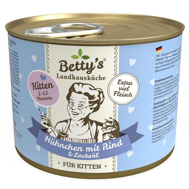 Foto 2 de 3 de Betty's Kitten - Comida húmeda para Gatos, Pollo y Ternera, 12 x 200 g, cocido Suavemente, Alta…