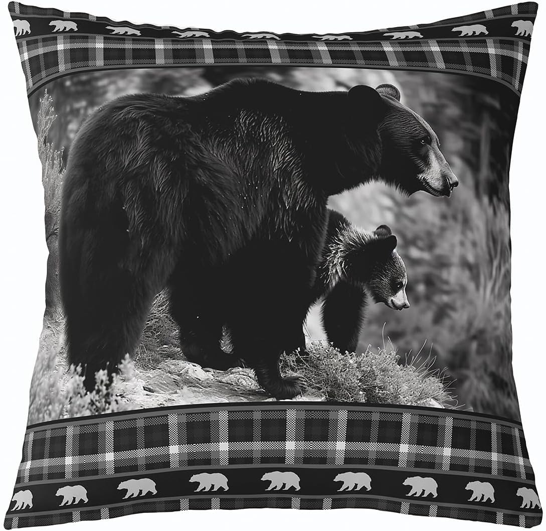 Castle Fairy Bear Print Pillow Cover 24"x24" Black Wild Animal Farmhouse Style Accent Throw Pillow Cover for Sofa Bedroom Decor Plaid Geometric Decorative Reversible Print Cushion Cover