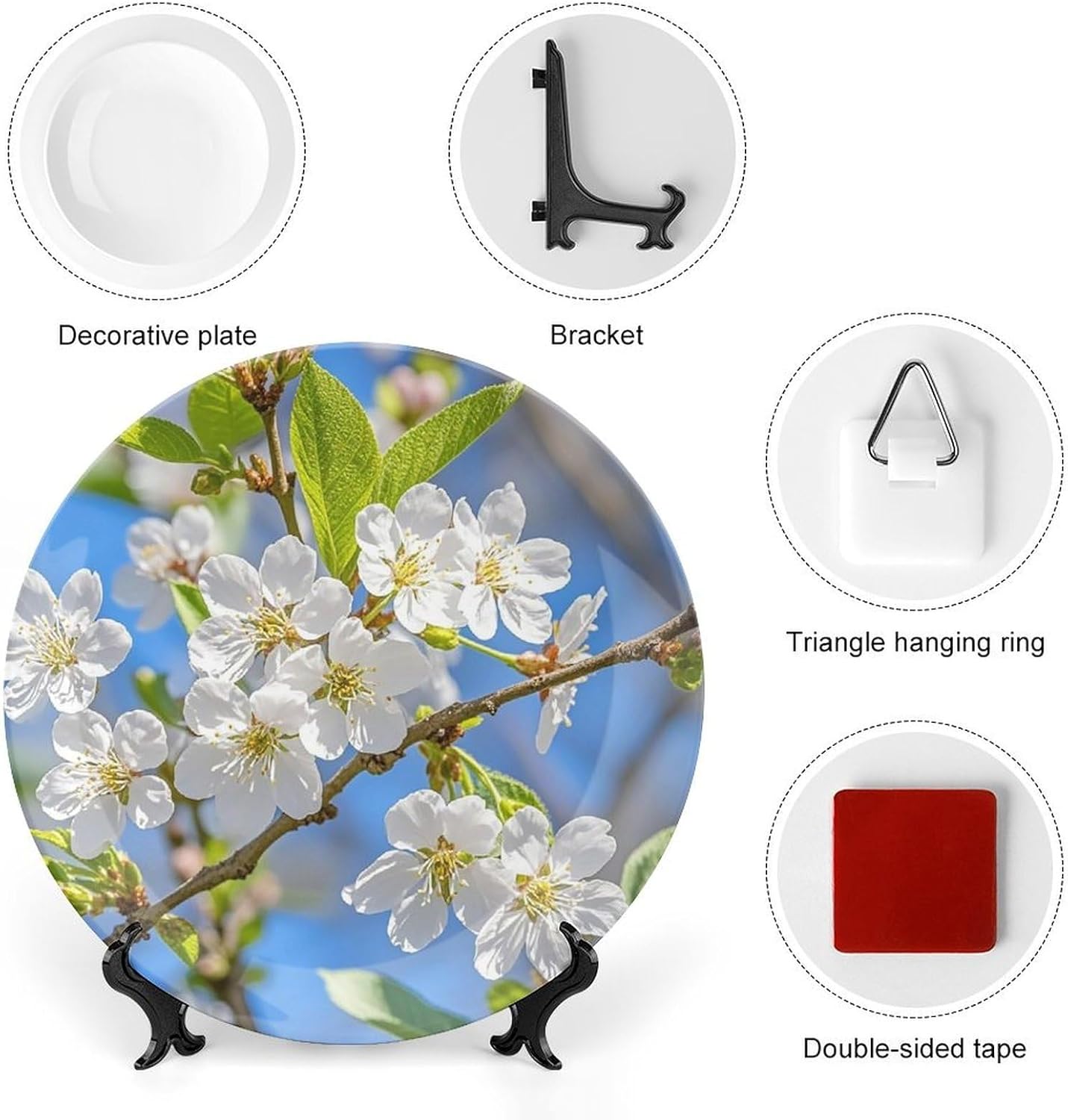 Beautiful Spring Cherry Blossoms Decorative Ceramic Plate Round Porcelain Plate Decor Personalized Bone China Decorative Plates Ceramic Ornaments Dessert Plates with Display Stand 10inch