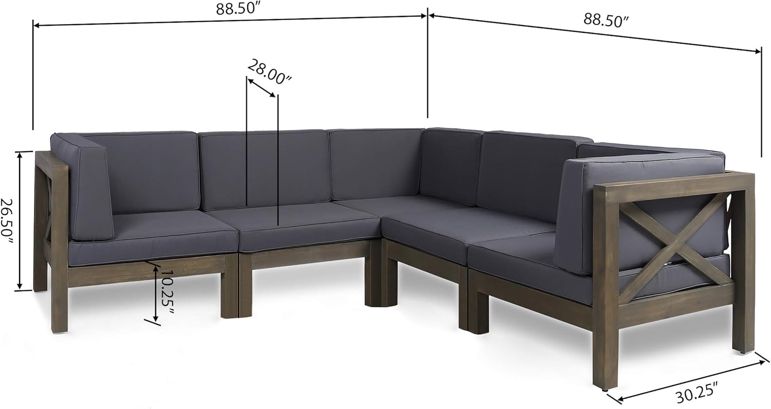 GDFStudio Outdoor Acacia Wood 5 Seater Sectional Sofa Set with Water-Resistant Cushions, Gray and Dark Gray