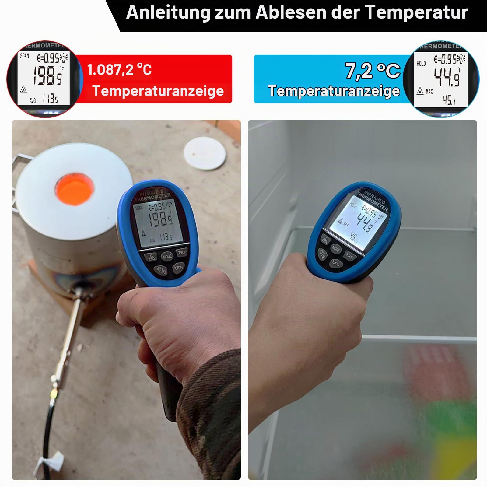 Kethvoz Digitale Infrarot Laser Thermometer -50℃ bis 1800℃, Genauigkeit ±3% | Digital IR-Pyrometer, Berührungsloses Temperaturmessgerät D:S=50:1, Einstellbare Emissivität, für Küche Industrie