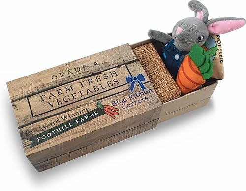 Foothill Toy Co. Animales en cajas  Juego 'Hopper The Garden Rabbit' con conejito de peluche en una caja de verduras
