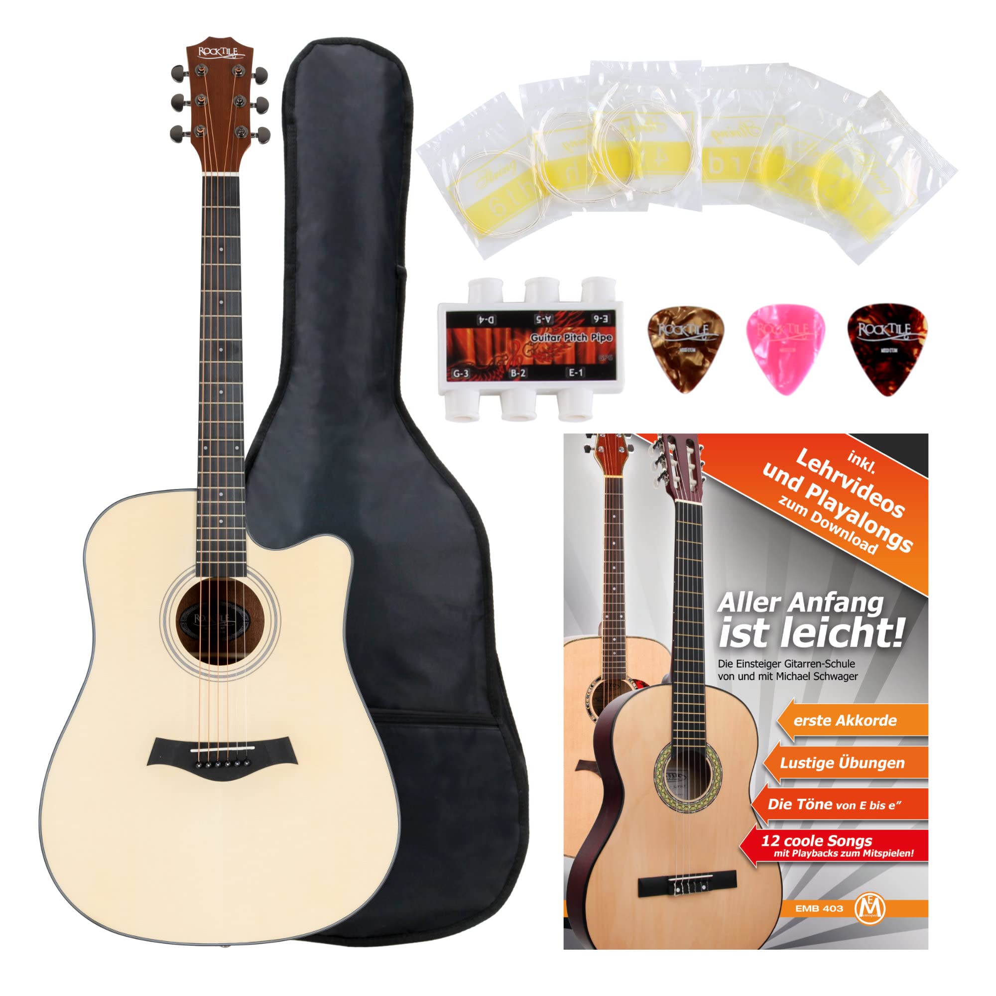Rocktile WSD-101C NT Set de Inicio de Guitarra Western, Tapa: Abeto | Forma del cuerpo: Square-Shoulder Dreadnought con Cutaway, X-Bracing, Fondo y aros: Sapele, Mástil: Okoume, Puente: nogal