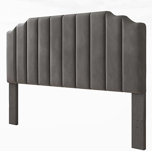 Miniatura 4 de Cabecera tapizada en terciopelo de lujo, cabecera capitonada moderna para cama KingCal King, diseño de canal vertical, cabecera curvada de madera