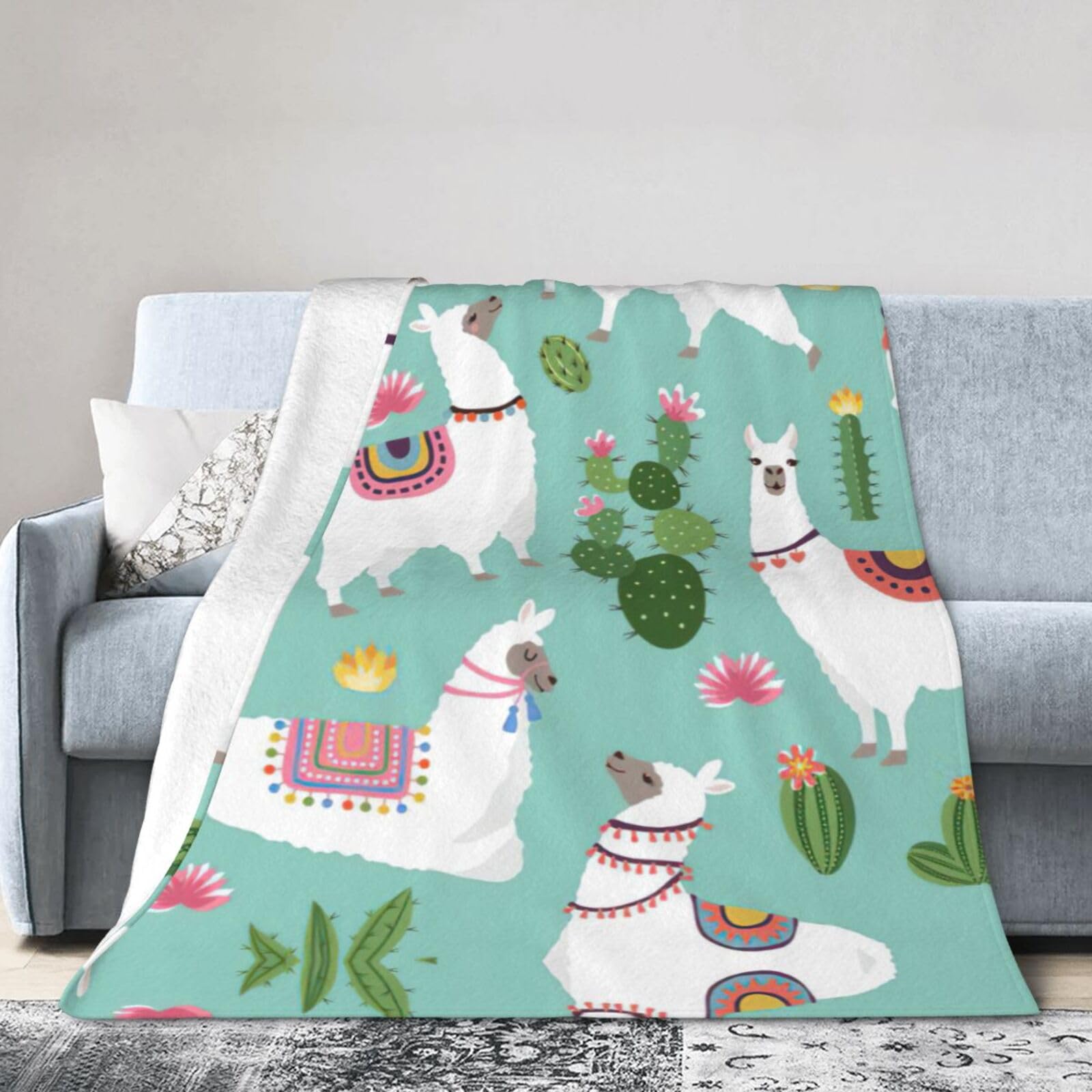 Uusnwaa Soft Cosy Fleece Warm Throw Tropical Llama Alpaca Cactus Flower Print Blanket