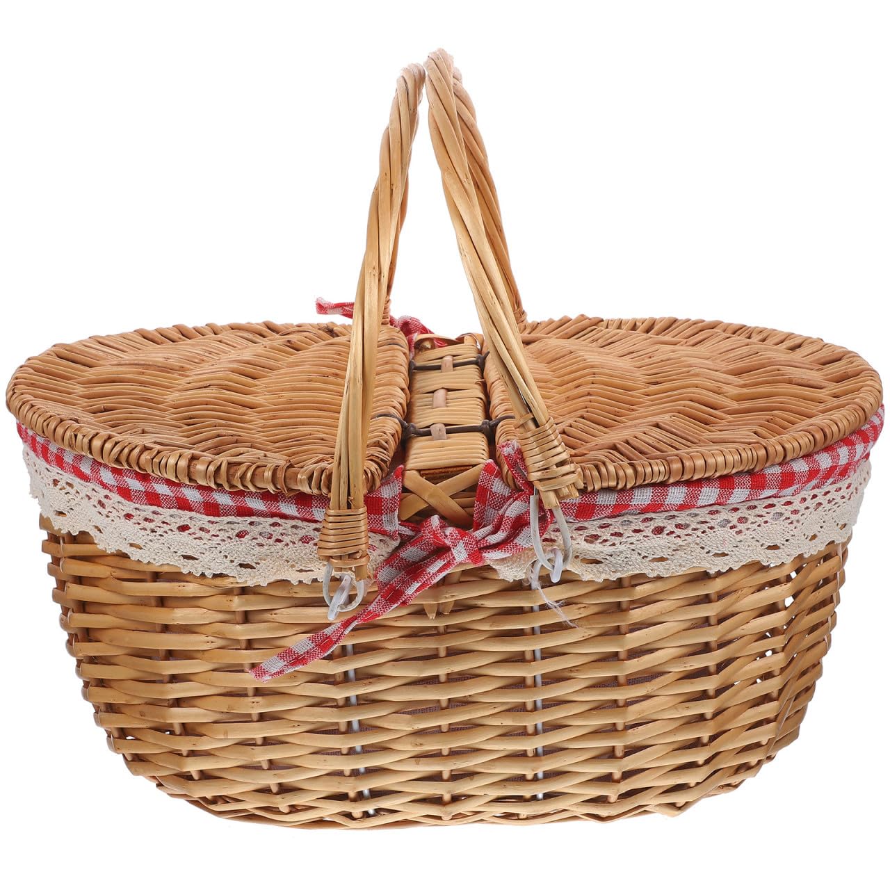 PACKOVE Cesta de Mimbre Tejida Rústica para Picnic con Tapa y Doble Asa, Portátil y Fácil de Almacenar, Adecuado para Camping y Verduras Pequeñas