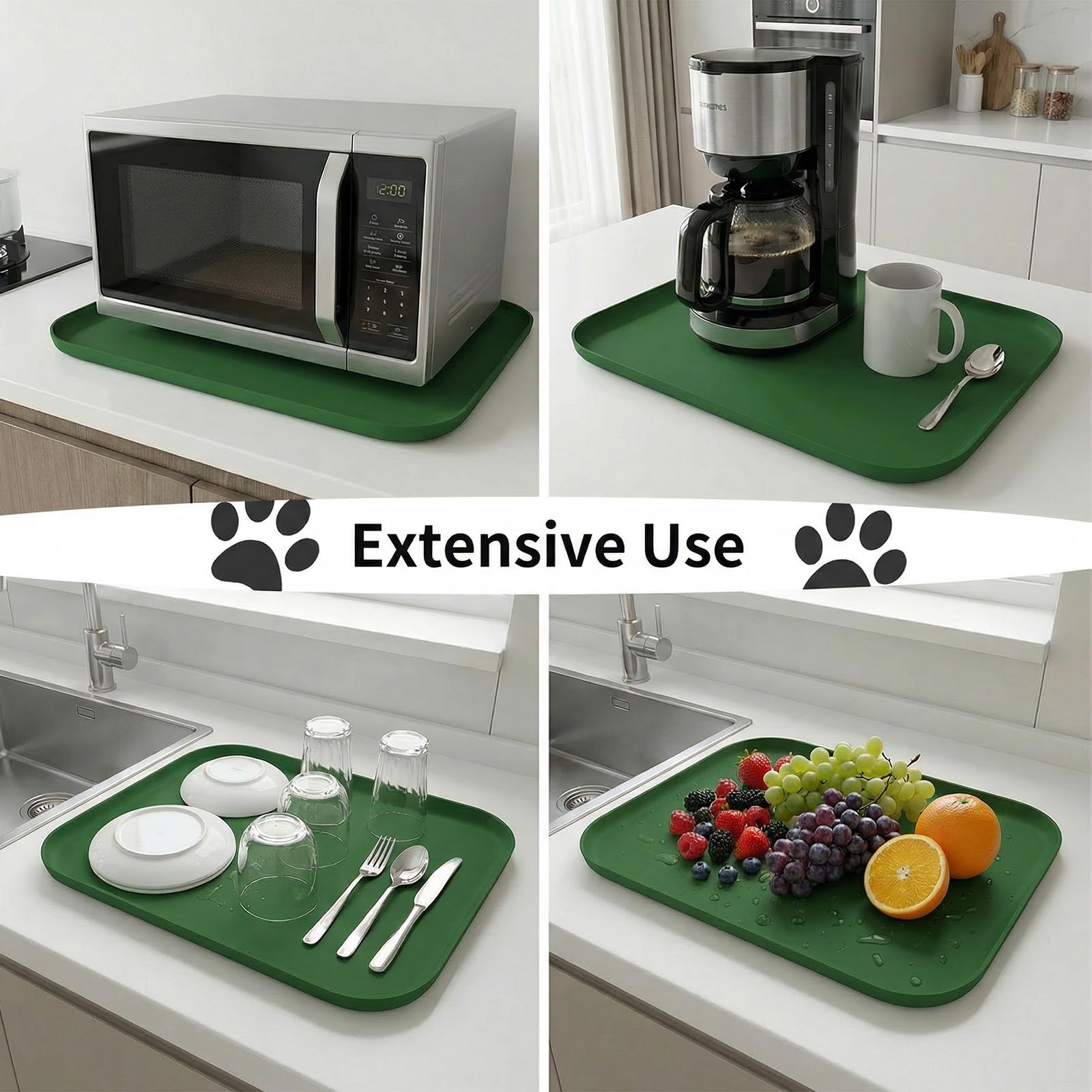 BLESWIN Tappetino impermeabile in silicone per alimentazione animali domestici con bordi rialzati, tappetino per ciotola gatto facile da pulire (Verde scuro, 60×40 cm)