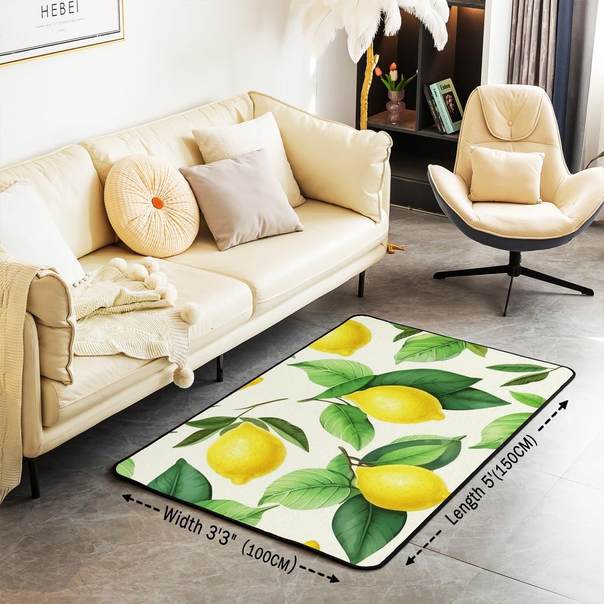 Homemissing Zitrone Teppich 100x150cm Tropisch Obst Drucken Super Weich Wohnzimmerteppich Sommer Vacation Stil Wetterfest Modern Teppich Natural Thema Outdoor Teppich für Küche Balkon Wohnzimmer