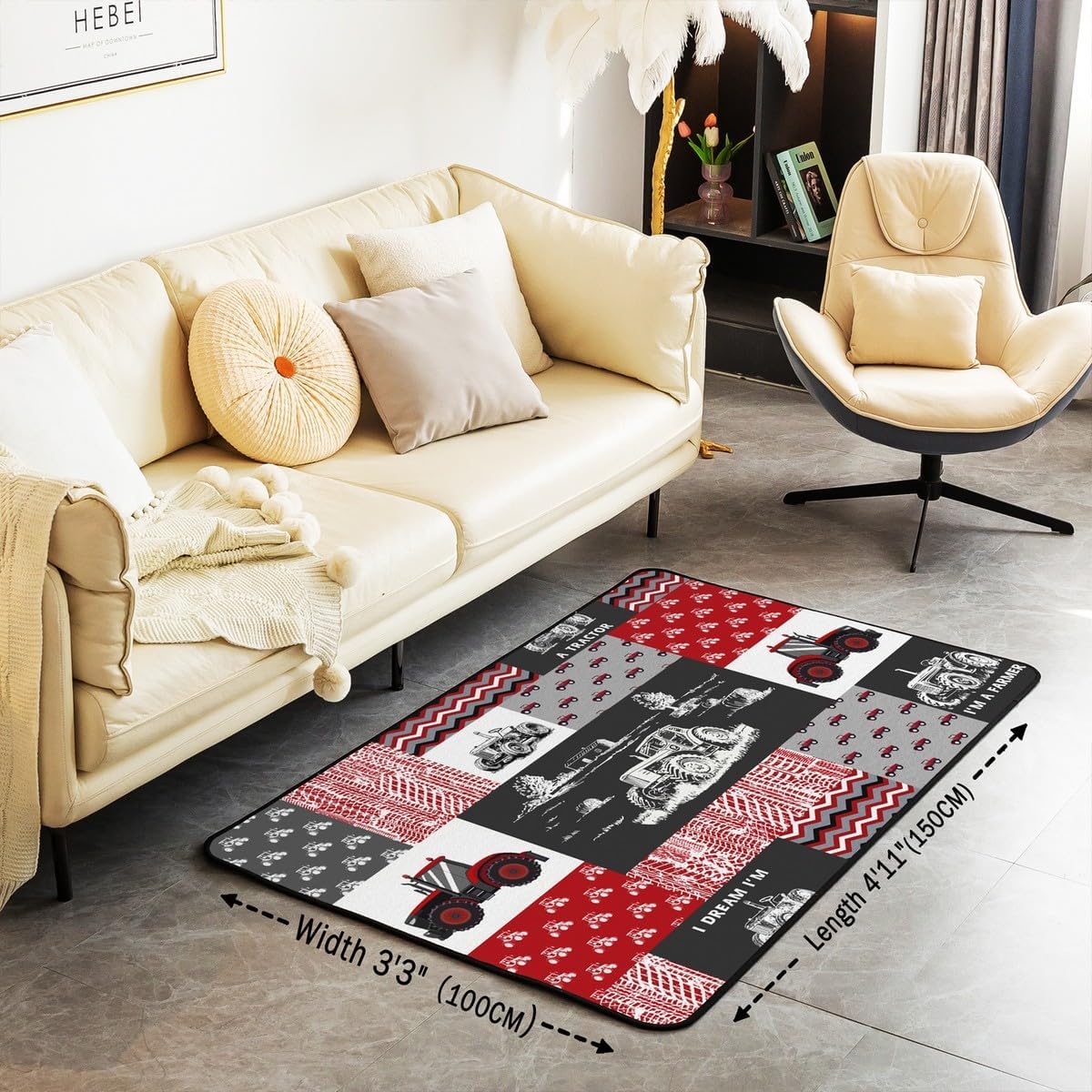 Erosebridal Red Tractor Area Rug for Boys, Construction Tractor Rug 5x6'6'' Kids Teens Equipment Trucks Indoor Floor Mat Black White Construction Vehicle Accent Rug Set Bedroom Playroom Decor