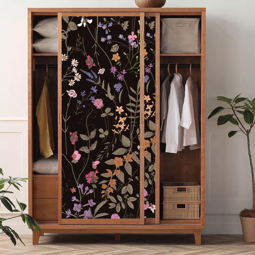 Adhesive Shelf Liner, Dresser Drawer Liner Textured Floral Contact Paper for Cabinets,Vinyl Film Decorative Drawer Liner for Bedroom Dresser Sticker (Black, 17.3 inch x 118 inch)