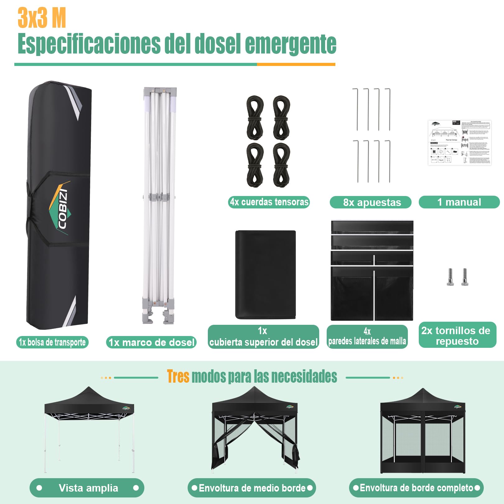 COBIZI Carpa Plegable 3x3 con Mosquitera Pared Lateral,Impermeable Carpa Plegable,Carpas para Exteriores Pergola,Cenadores para Jardin Camping Playa con Bolsa de Transporte(3 por 3m Negro) | Impermeable, con 3 alturas ajustables, 4 paredes laterales y bol