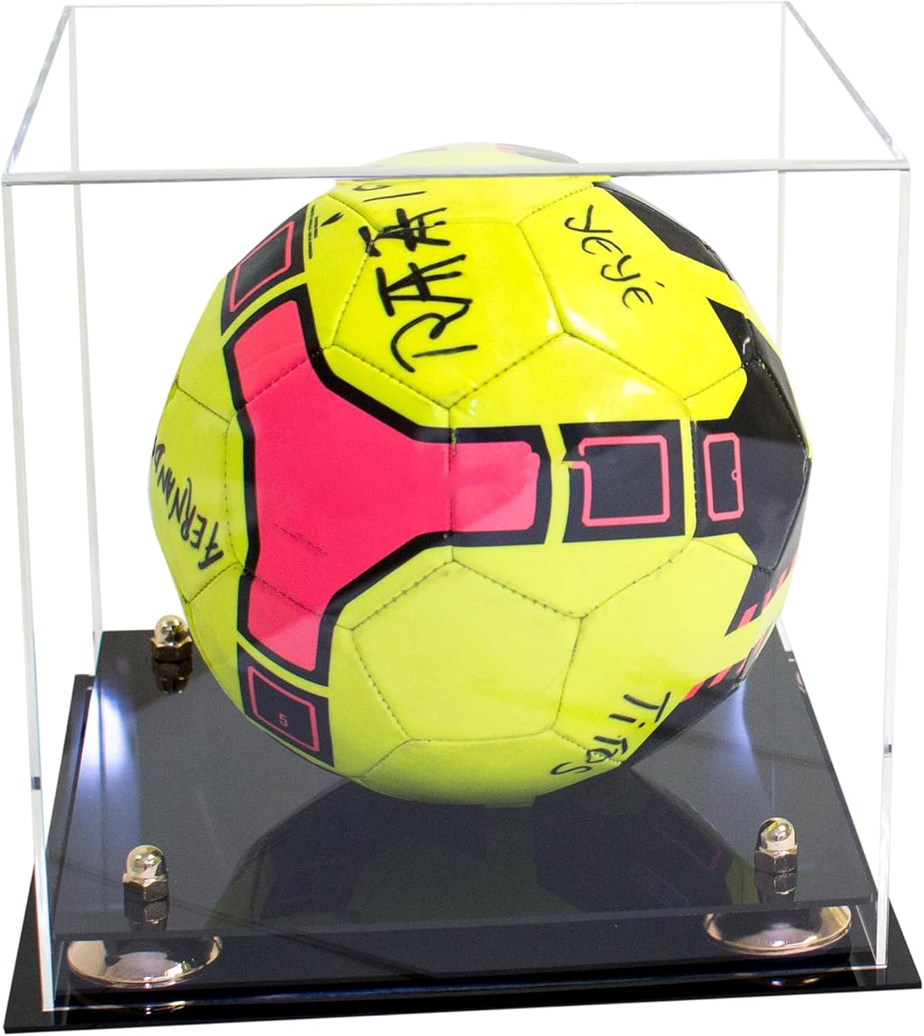 Better Display Cases Acrylic Display Case for Collectibles, Full Size Soccer Ball Display Case, Gold Risers & clear with black Base, Handcrafted Showcase Box.DIM;9.75"L x 9.75"W x 9.75"H. (A027-GR)