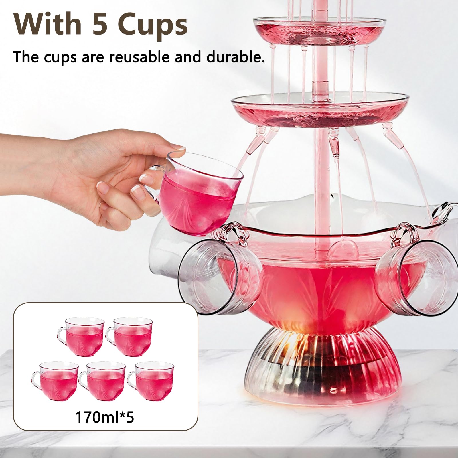 Fontaine de fête à 3 niveaux avec éclairage, 5 gobelets réutilisables, socle éclairé par LED, tour de boissons pour mariages, fêtes, célébrations et bars
