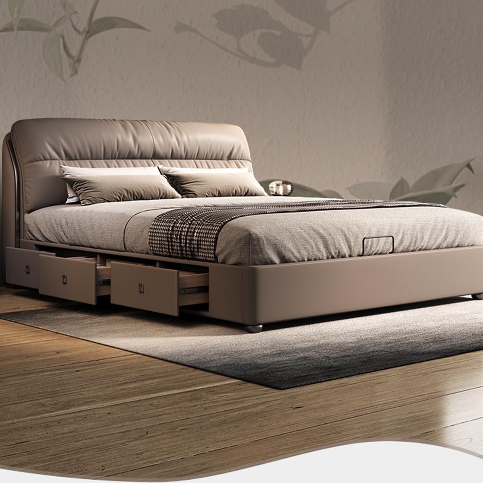 King Size Genuine Leather Bed Upholstered Platform Bed Frame with Wingback Headboard and Lift Up Storage Strong Wooden