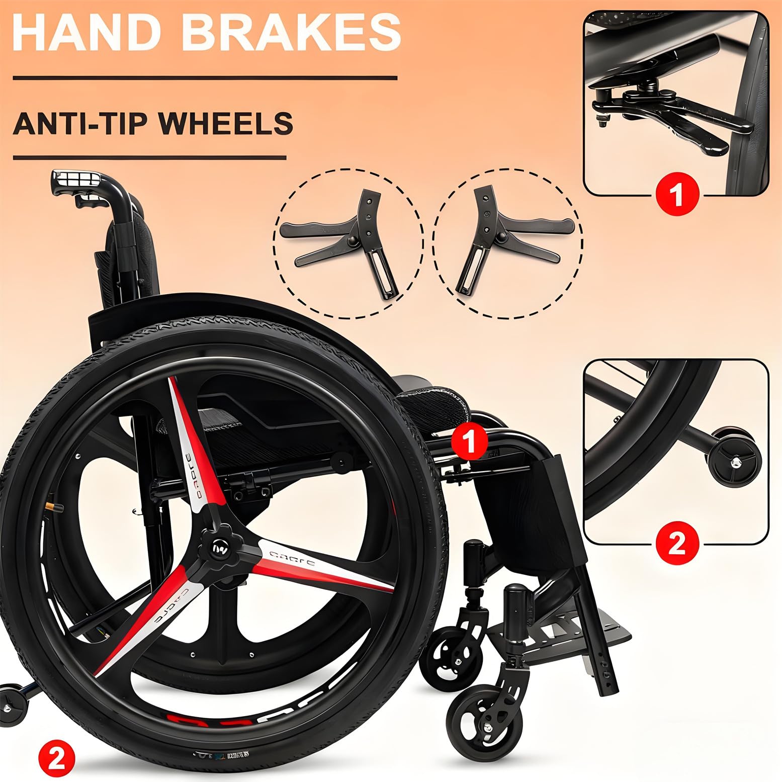 Silla de ruedas ultraligera deportiva y todo terreno, capacidad de 220 libras, ancho de asiento ajustable de 42 cm para mayor movilidad y rendimiento