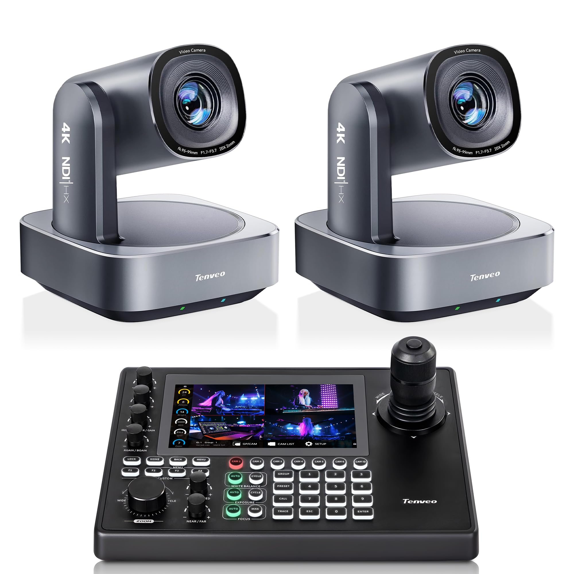 Tenveo 4K NDI PTZ Cámara, Seguimiento por IA de Humanos y Rostros, Zoom Óptico 20X （VL20U-4KN*2） Controlador NDI|HX3 PTZ 7" táctil Quad-View Joystick 4D HDMI 4K30 Control