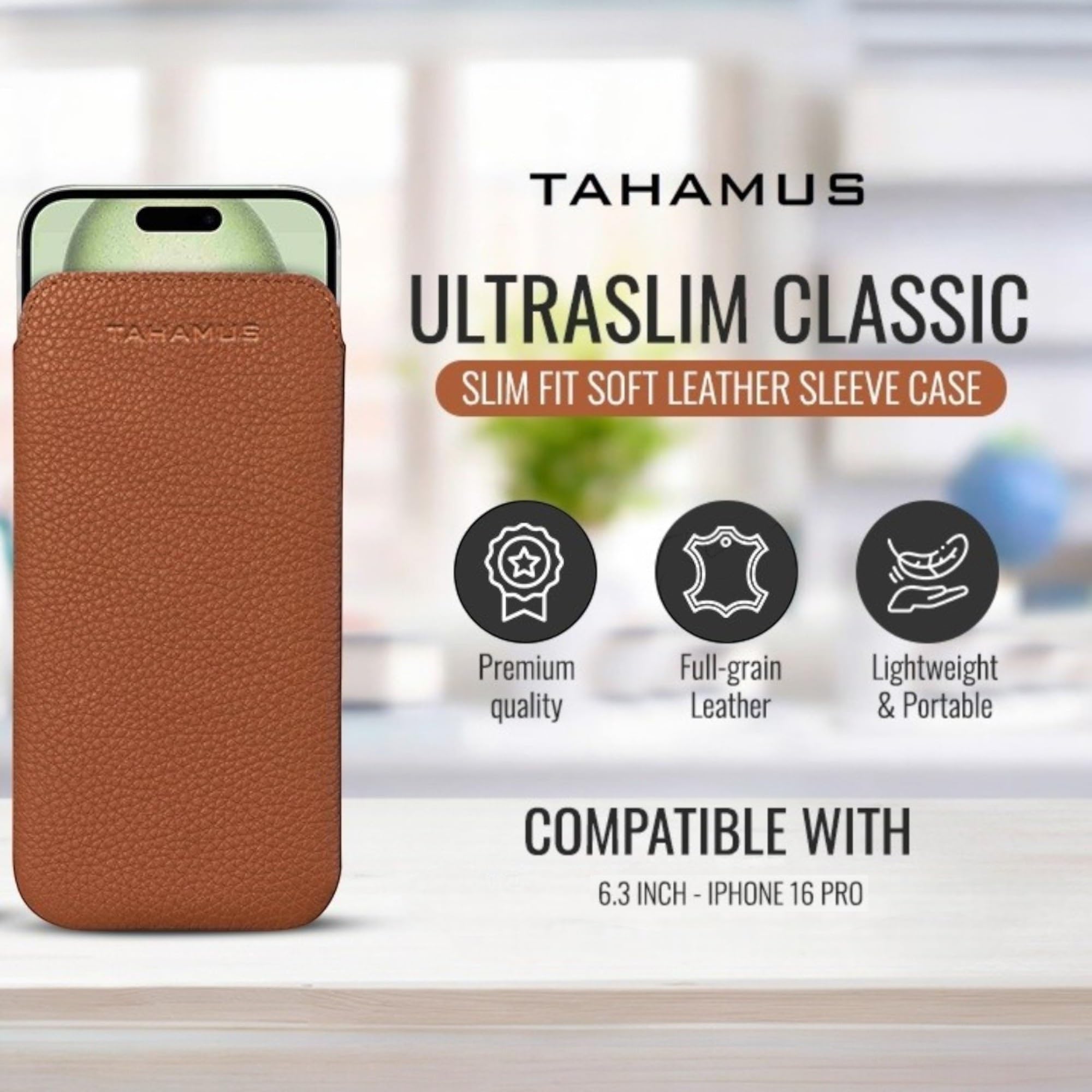 Tahamus UltraSlim Classic Slim Fit Soft Leather Sleeve Case, Compatible With IPhone 16 Pro, (Tan, 16 Pro