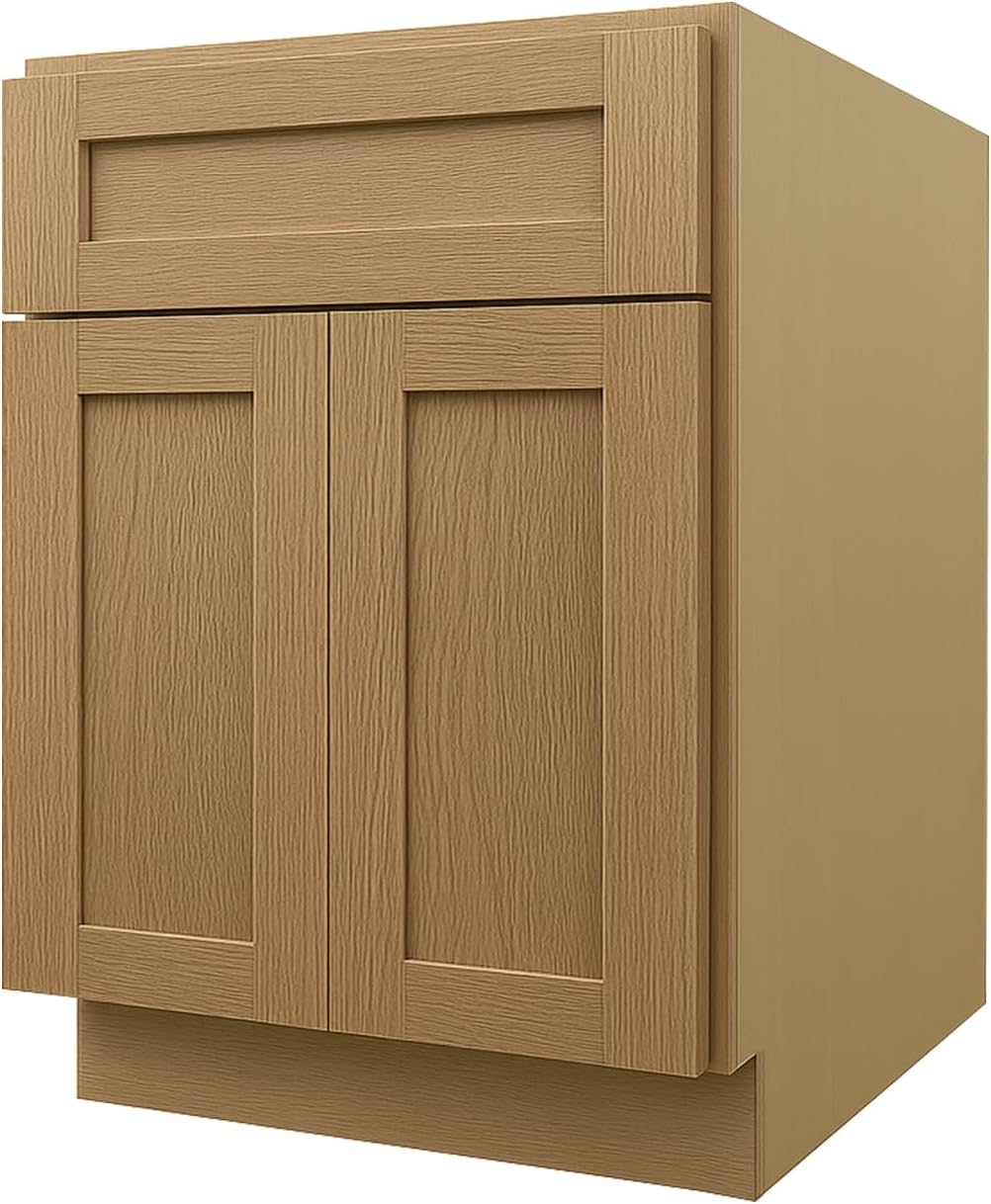 Kitchen Sink Cabinet, 30" Sink Base Cabinet, 1 Dummy Drawer, 2 Soft Close Doors, Shaker, Paint, Unassembled, RTA for Kitchen, Laundry Room (White Oak and MDF Door, 30" W X 34 1/2" H X 24" D)