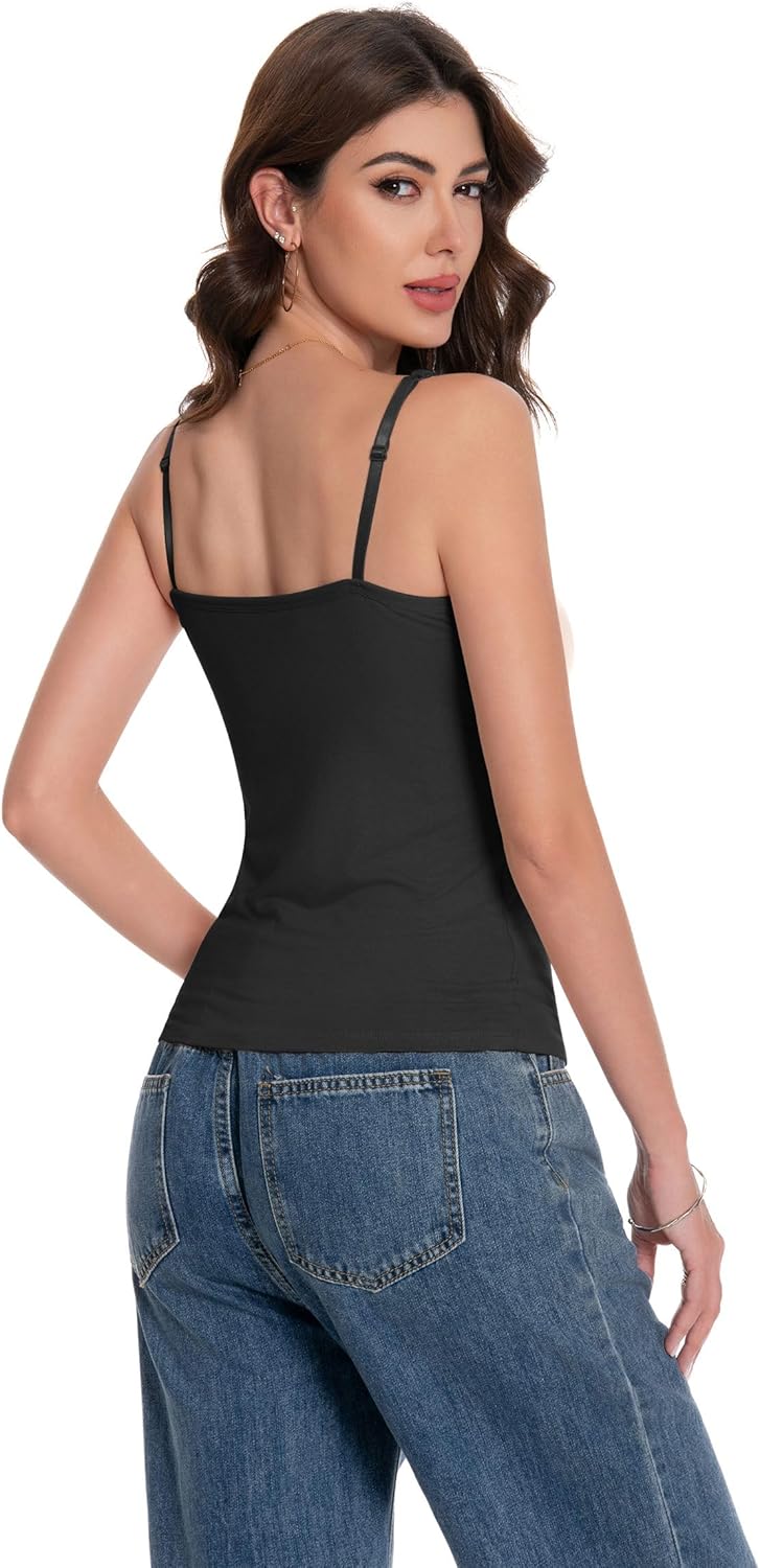 LuneNuelle Women Camisole Tank Top - Built-in Bra Adjustable Spaghetti Strap Scoop Neck Padded Casual Basic Cami Shirt