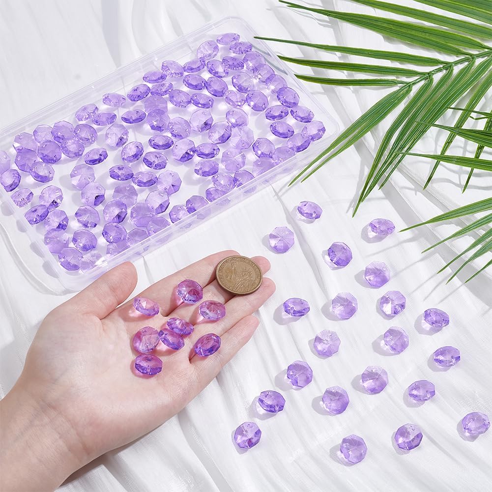 1 Box 120Pcs Glass Octagon Beads 2 Hole Crystal Prism Beads Purple 14mm Chandelier Replacement Connector Suncatcher Faceted Spacers for DIY Crafts Lamp Hanging Ornament Pendant Jewelry Adults image 3