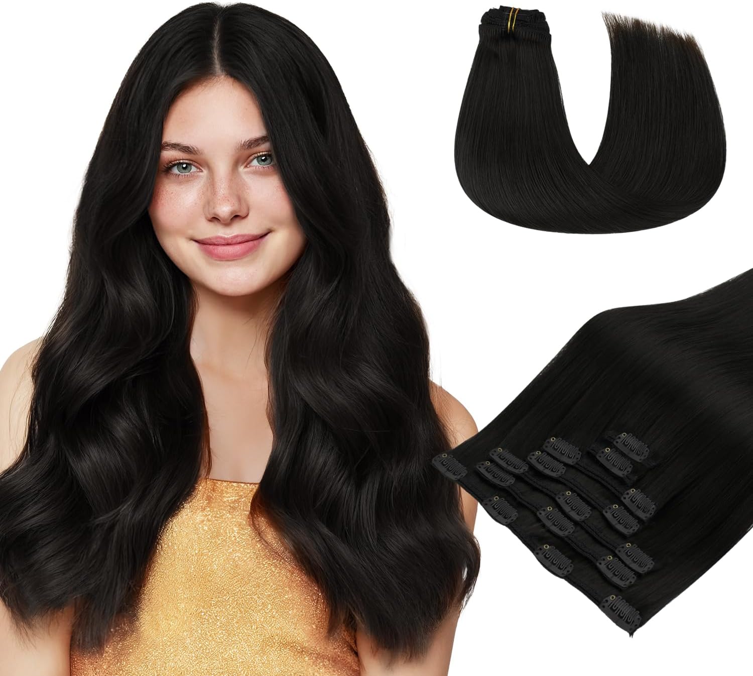 hotbanana Extension con clip in capelli veri, colore nero naturale, invisibile, clip in capelli veri, senza cuciture, 30 cm, 80 g, 7 pezzi