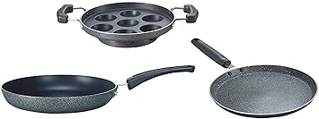 Prestige Omega Deluxe Granite Dosa Tawa, 30cm, Black&Prestige Omega Select Plus Non-Stick Aluminium Fry Pan, 20cm, Black (Small Size)&Prestige Omega Select Plus Residue, 20cm, Black