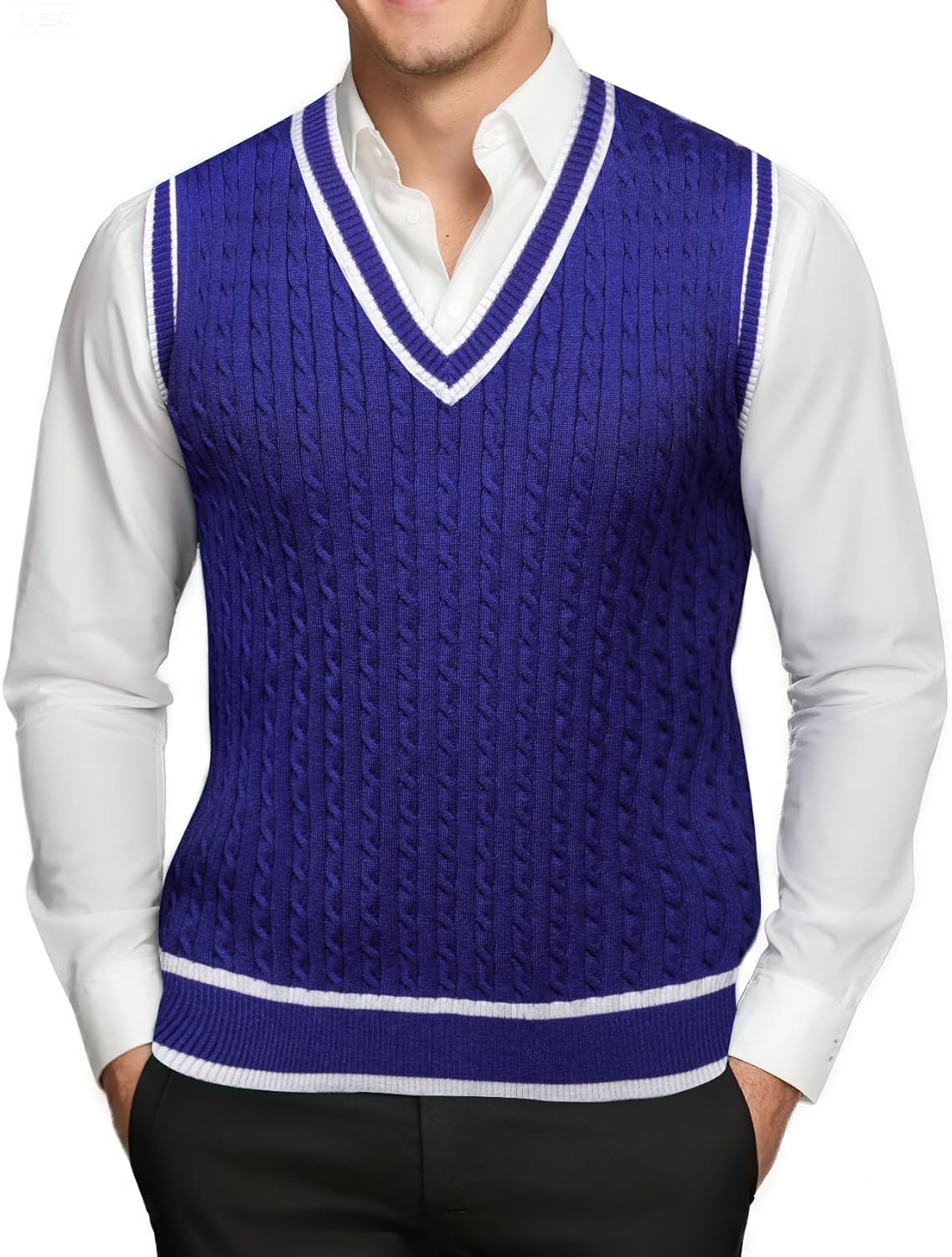 Barry.Wang Men's Sweater Vests Tie Set Silm Fit V-Neck Cable Knit Sleeveless Pullovers Sweaters Tops Waistcoat Casual 4PCS