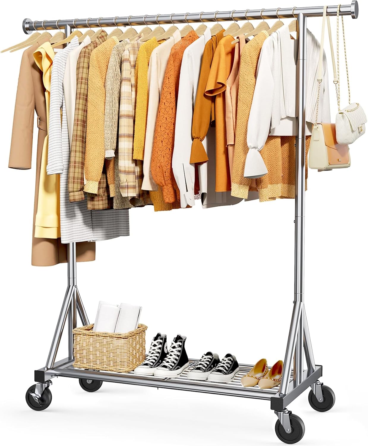 Stainless Steel Rolling Clothes Rack with Mesh Shelf, Lockable Wheels & Anti-Slip Stoppers, Freestanding Clothing Organizer for Bedroom, Laundry Room, 42.5" x 16.5" x 65.9", Silver Silver 42.5" x 16.5" x 65.9"(1 Rod)