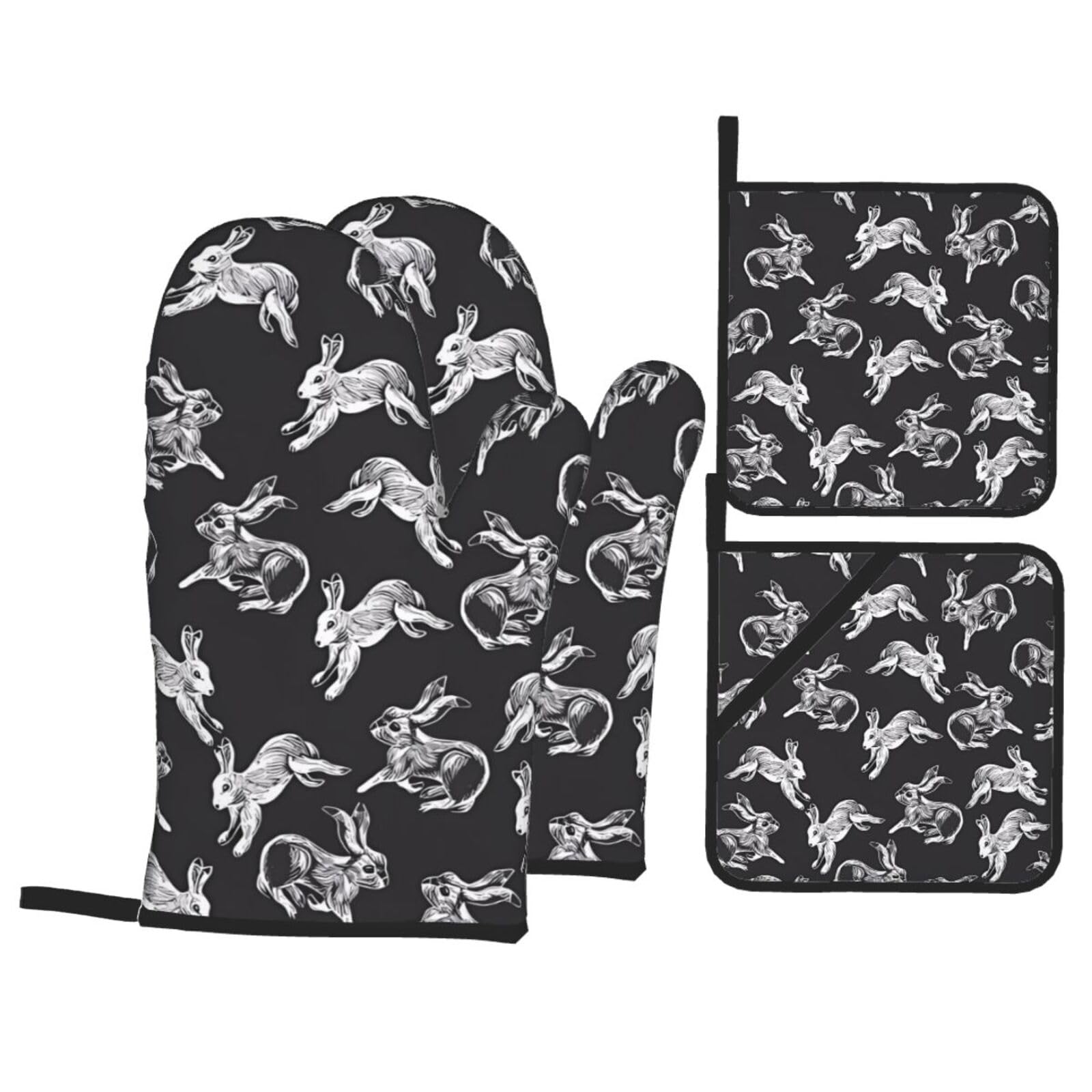 WHJSHOP Bunny Rabbit Prints Oven Mitts & Pot Holders Set - Waterproof Kitchen Layers & Heat Resistant - Durable Covers for Safe Cooking & Easy Cleanup