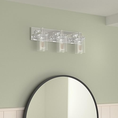 Miniatura 2 de Aipsun Lámpara de tocador cromada para baño, 3 luces, casa de campo, luces sobre espejo con pantalla de vidrio transparente (no incluye bombilla)