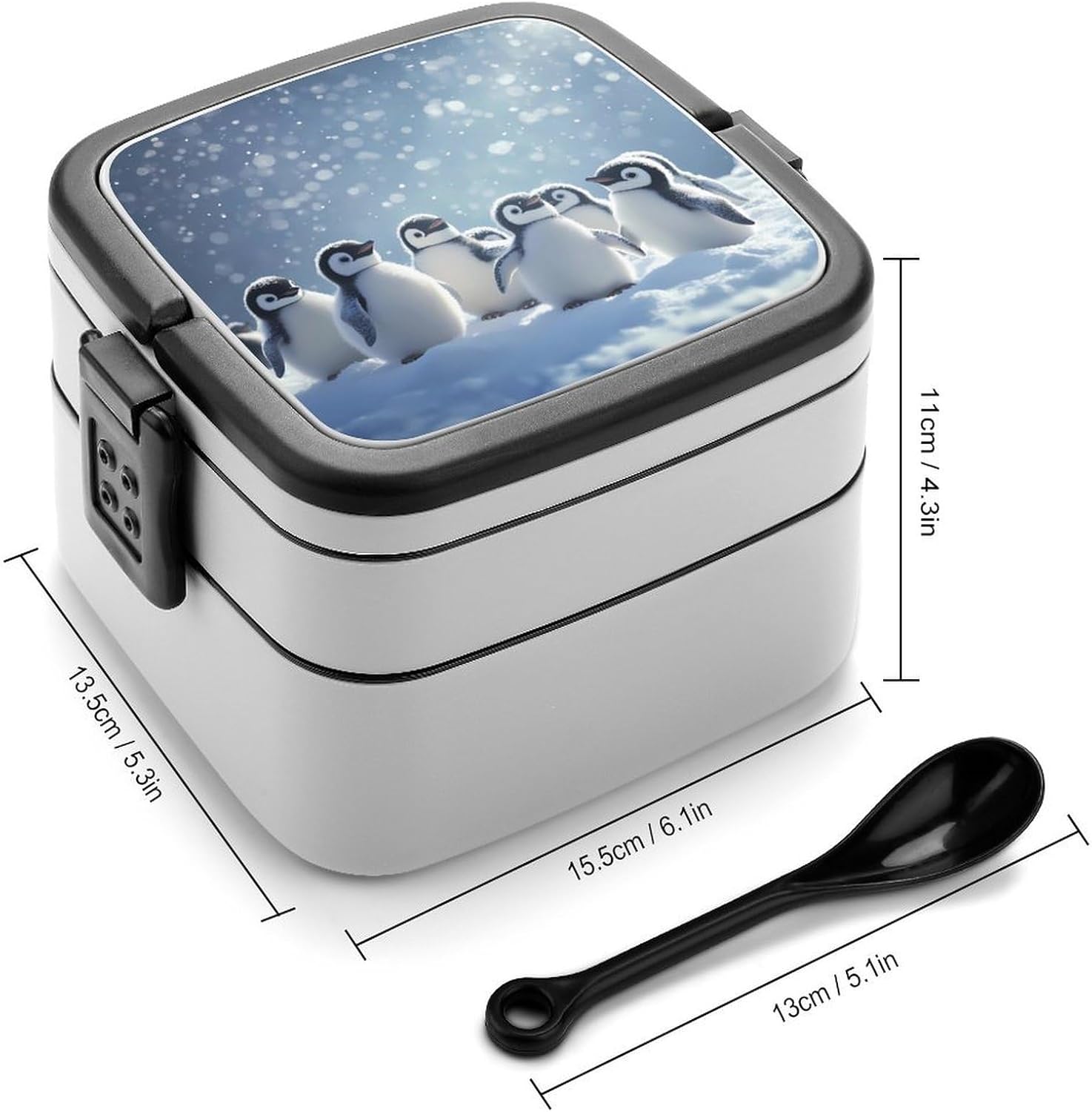 Penguins Snowy Printed Bento Box with Spoon 2 Layer Food Container Cute Lunch Box for Travel Dining Work
