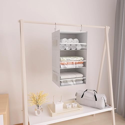 Miniatura 6 de Organizador de armario colgante con 3 estantes, diseño de borde frontal, estantes de almacenamiento más anchos y plegables con 4 bolsillos