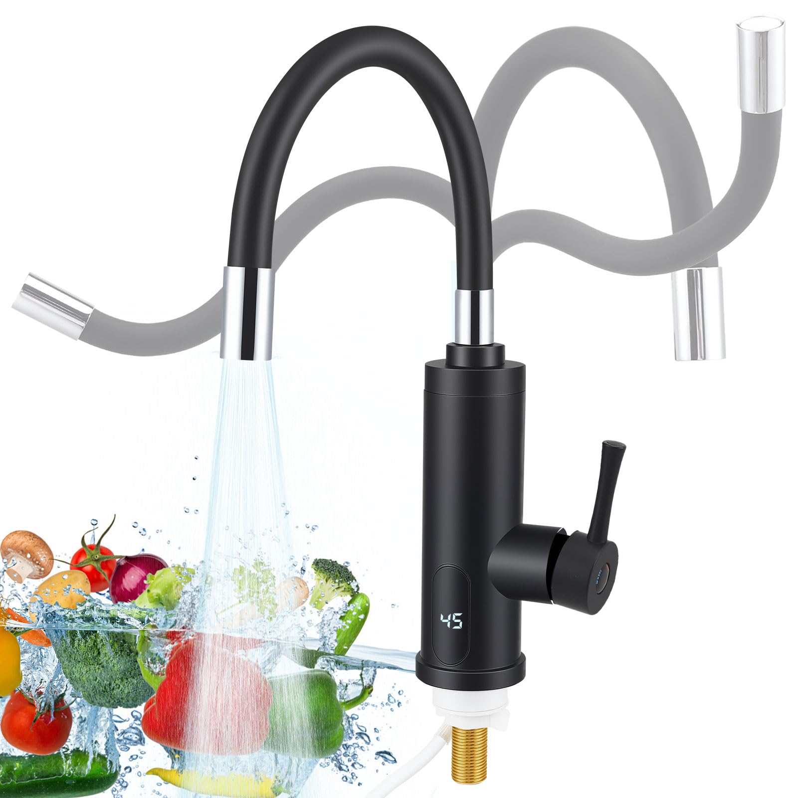 Chauffe-Eau Instantané electrique rotatif à 360°, 230V 3000W electrique Robinet de cuisine avec affichage de la température LCD, Robinet de tuyau en silicone pour Cuisine Jardin Salle de Bain Caravane
