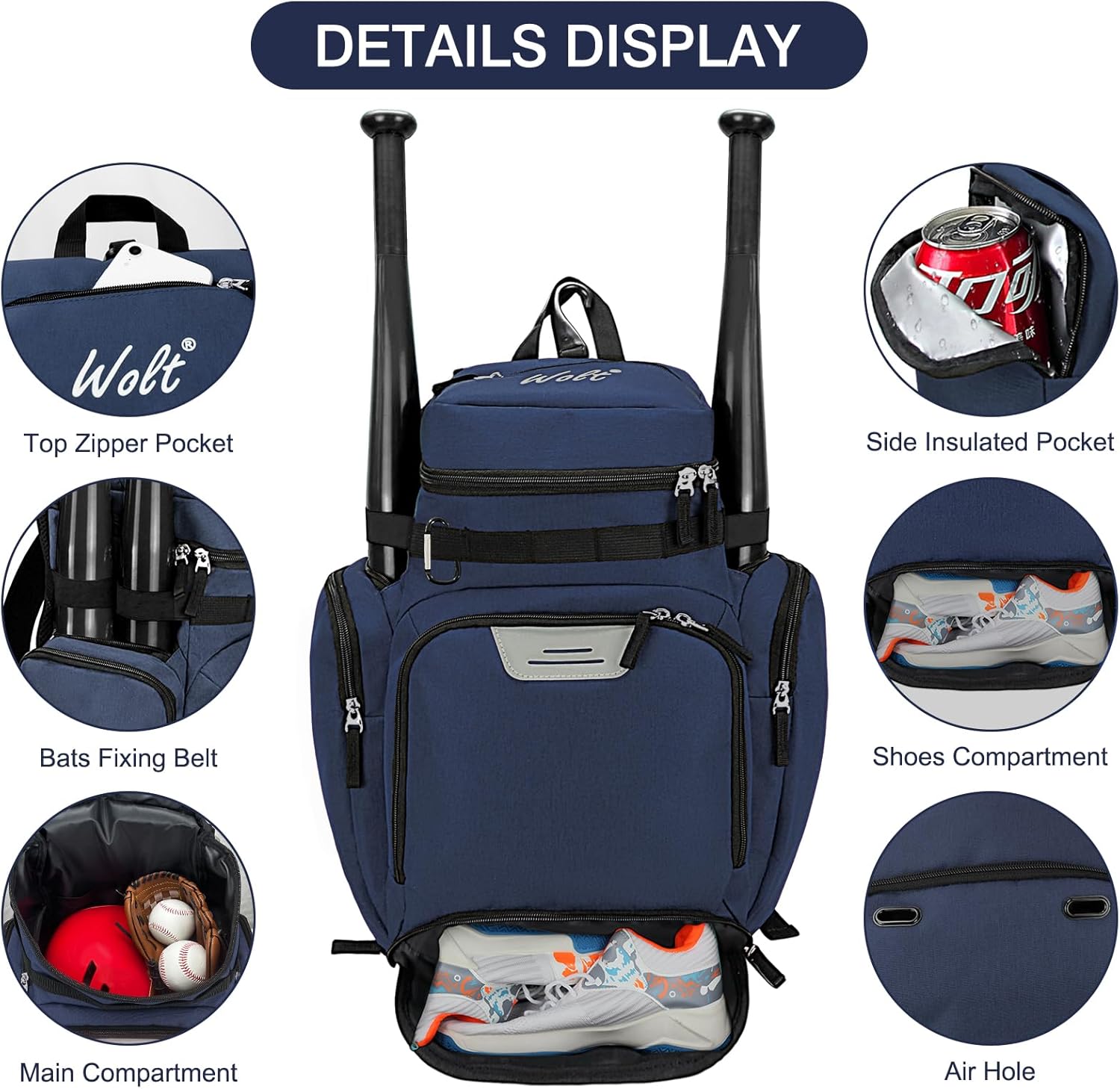 WOLT Baseball Bag Backpack for Youth and Adults-Softball Bag with Separate Helmet Compartment and Shoes Pocket,Multifunctional Sport Backpack for Baseball, Volleyball,Basketball, Soccer - Image 3