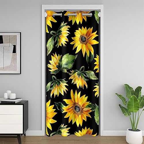 jejeloiu Cortina de puerta de girasol para puerta, privacidad de 86 x 203 pulgadas, 1 panel de flores amarillas con patrón de flores amarillas,