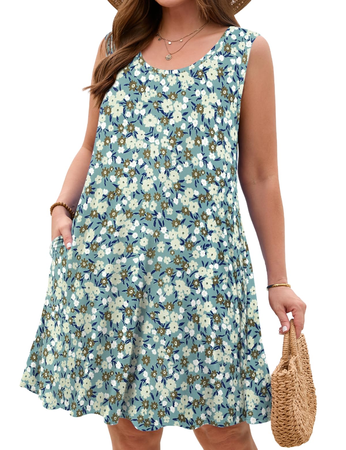 JollieLovin Women Plus Size Curvy Summer Tank Sun Dresses Sleeveless Causal T-Shirt Dress Beach Swing Cover up(L-5X)