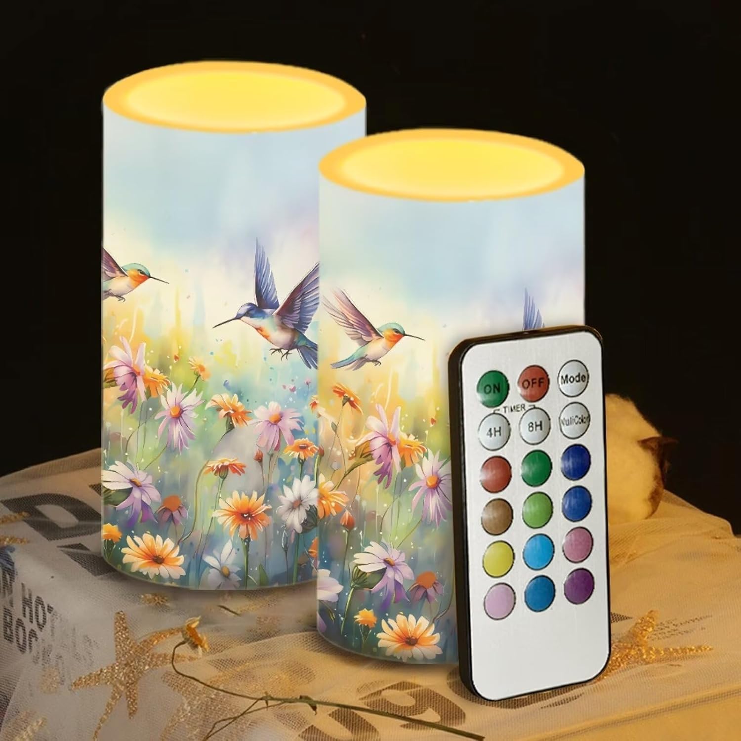 Flameless Candles Battery Powered Set of 2 with Timer Remote Color Changing Breathing Lamp Waterproof Fake Candle for Home Table Centerpiece Decor, Hummingbird Daisy Purple