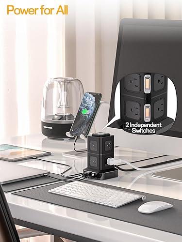 Miniatura 3 de Regleta de alimentación de torre con protector de sobretensiones, cable de extensión de 10 pies con 8 salidas de CA, 4 puertos USB, estación de