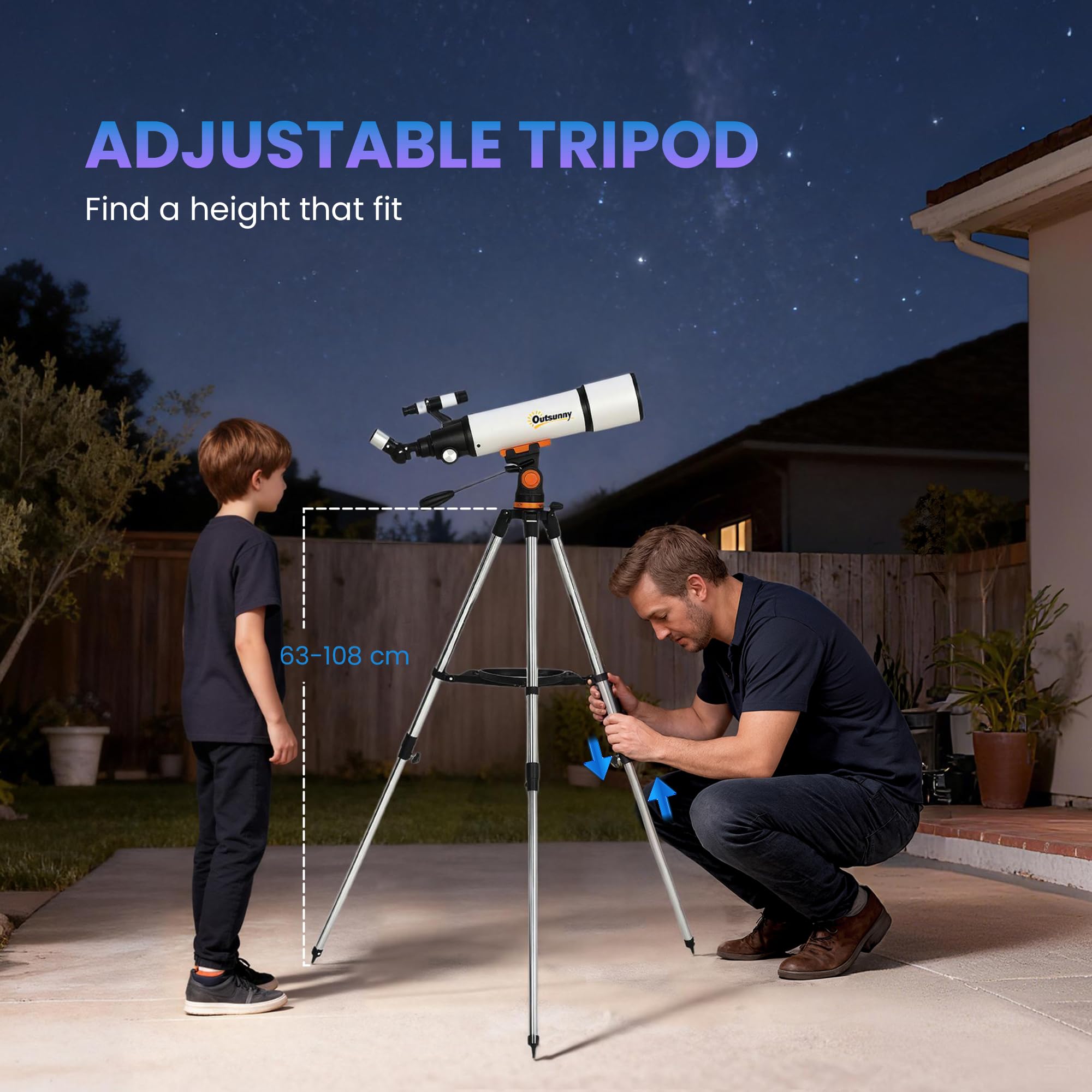 Outsunny Telescopio Astronómico con Apertura de 80mm/500mm, 40X/16X Telescopio Refractor Portátil con Adaptador de Teléfono, Estuche de Transporte, Trípode de Altura Ajustable para Adultos, Blanco y
