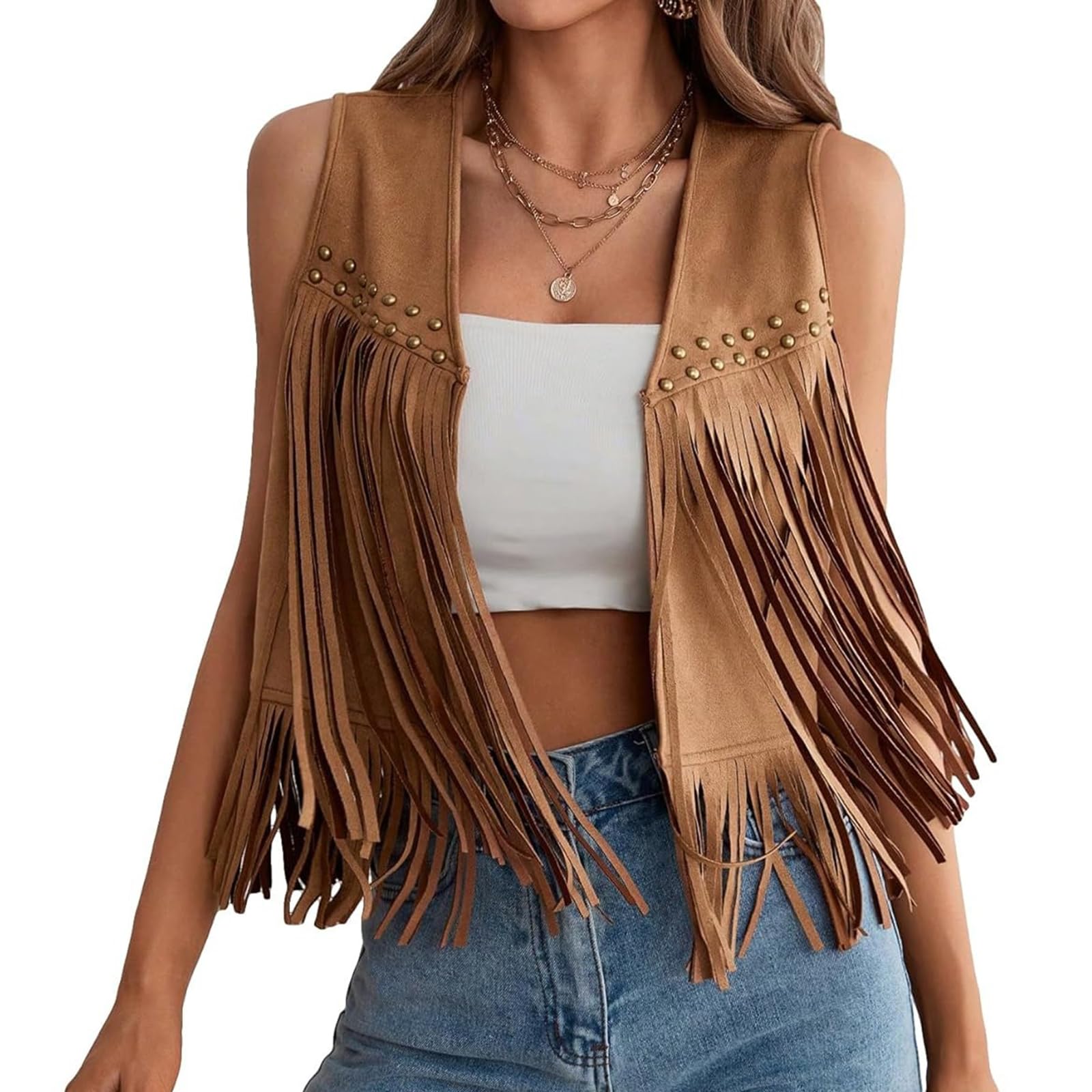Womens Suede Tassel Waistcoat 70s Hippie Sleeveless Open Front Hollow Out Cowgirl Fringe Vest Western Outfits-image-35