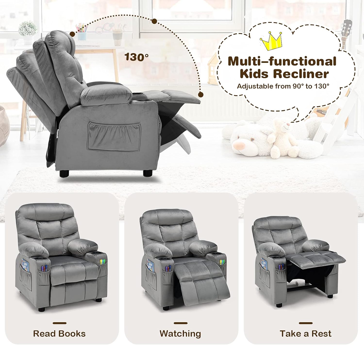 Kids Recliner, Multi-Position Recliner with 2 Cup Holders & Storage Pockets, 125° Reclining Soft Foam Sofa, Kids Couch for Bedroom Playroom Boys and Girls Ages 3+ (Grey)