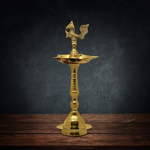 Vista 7 de SATVIK Juego de 2 piezas de 10.3 pulgadas de latón de pie con diseño de pavo real Kerala Samai Deepak Puja tradicional Panchmahal Pooja Deepam Diya