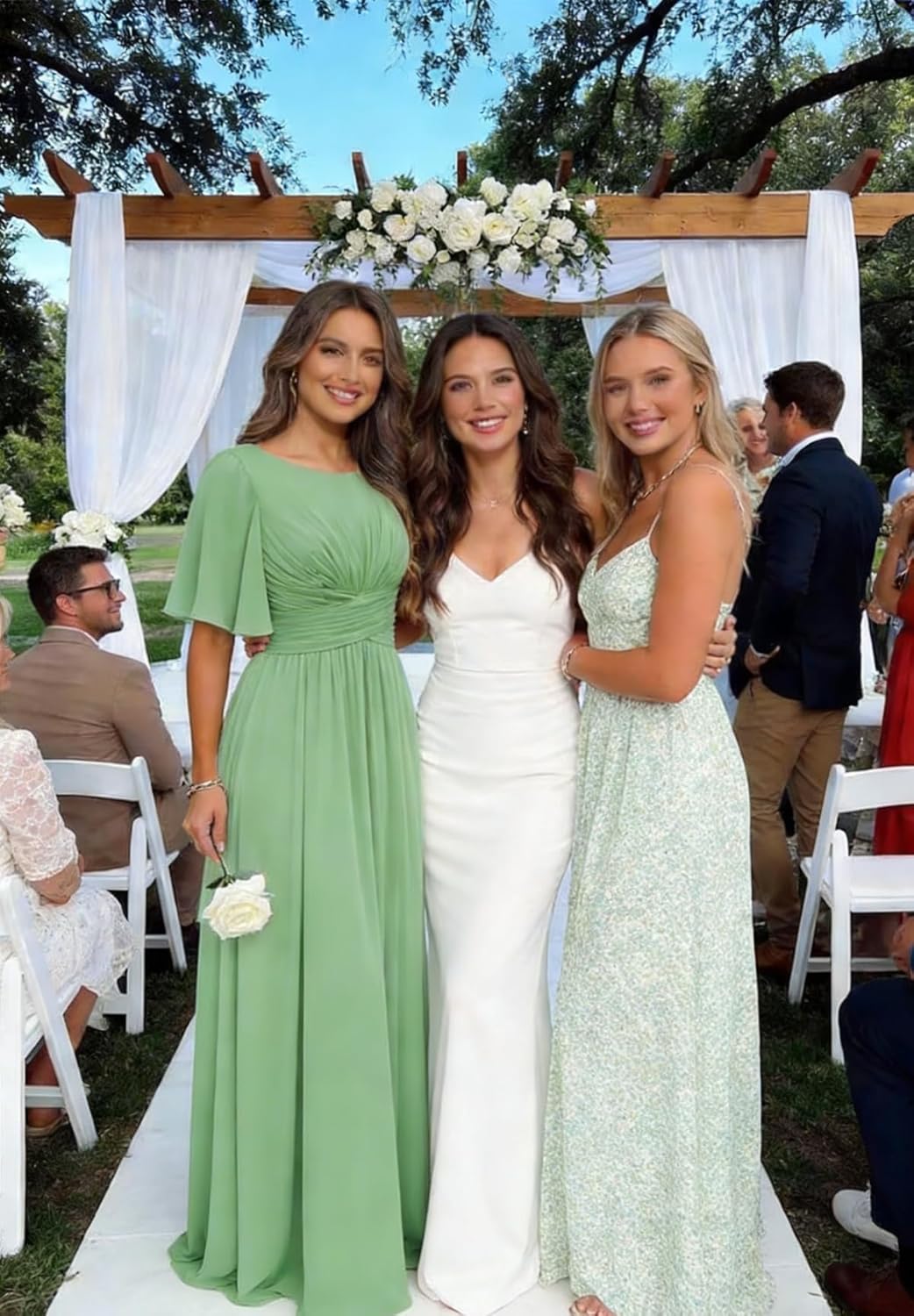 Women's Flutter Sleeves Bridesmaid Dress Scoop Neck Ruched Maxi A Line Chiffon Formal Evening Dresses with Pocket ZU113 - Image 3