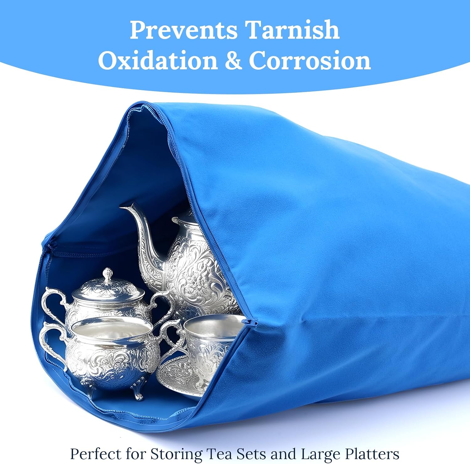 6 Pcs 18 x 18 Inch Large Anti Tarnish Silver Storage Bags Zippered Jewelry Protector Pouches Blue Fabric for Silverware Necklace Bracelet Earrings