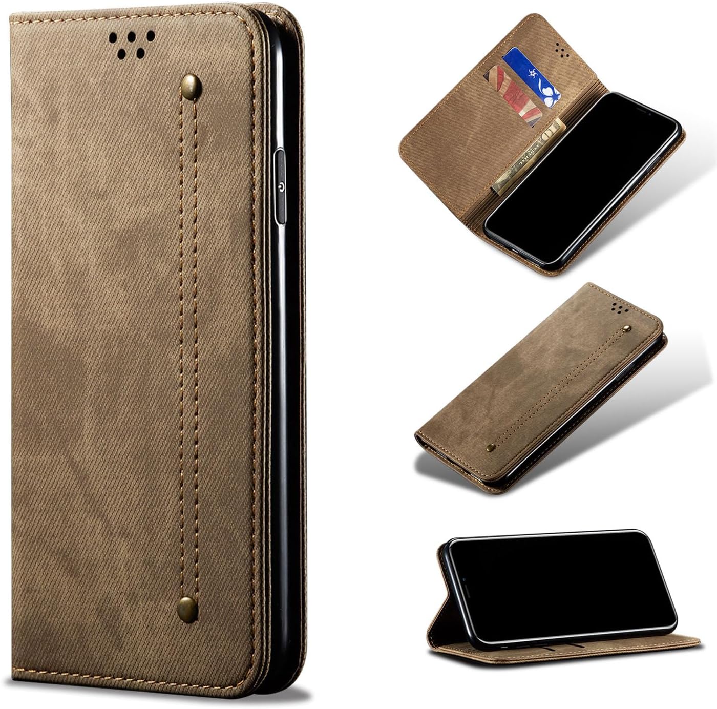 VIVO X300 Pro Case Notebook Type Denim Fabric Strap Mobile Case Magnetic Type Thin Folio Leather Cover with Card Storage Stand Smartphone Case, Khaki