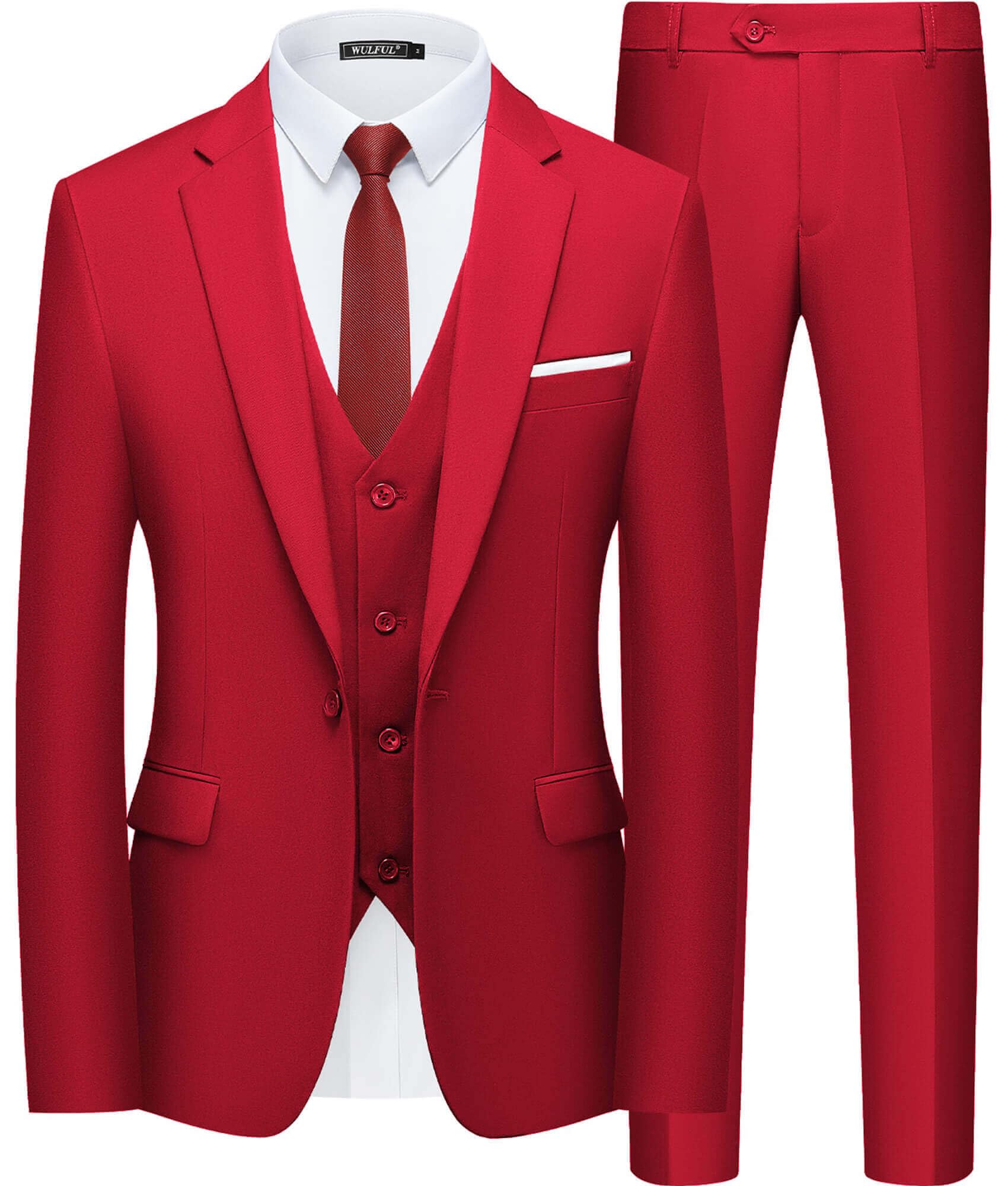 WULFUL Men’s Slim Fit Suit One Button 3-Piece Blazer Dress Business Wedding Party Jacket Vest & Pant Wine Red