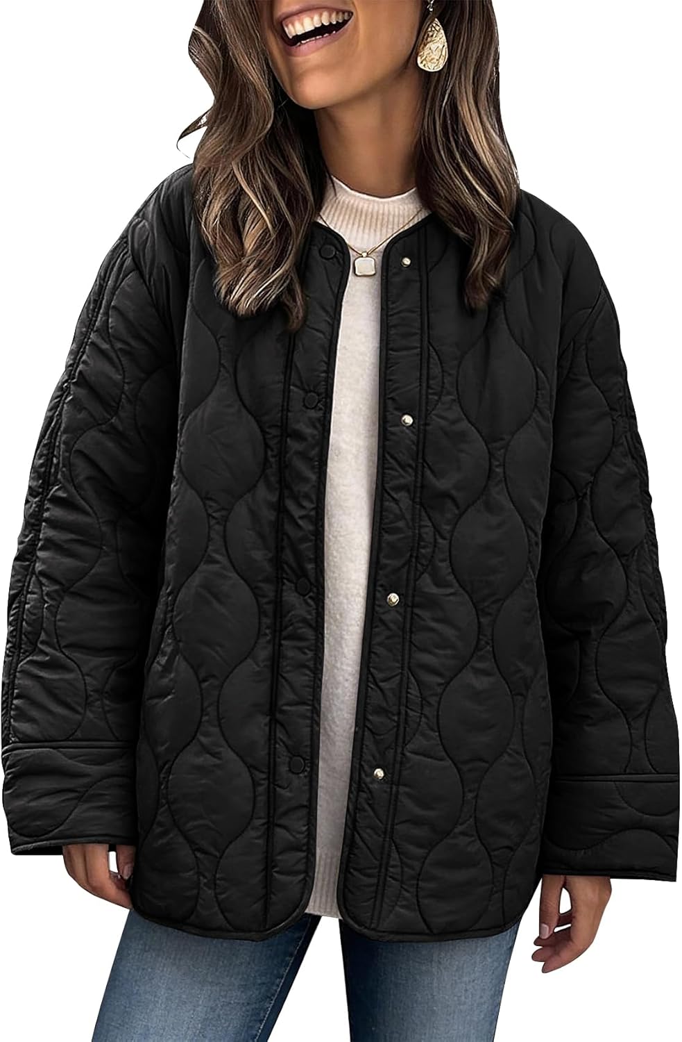 PEHMEA Women's Oversized Lightweight Quilted Jacket Button Down Fall Winter Coats Puffer Padded with Pockets