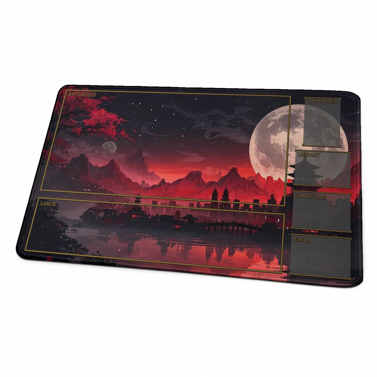 MTG Playmat, TCG Playmat with Zones, Stitched Edges Non-slip Rubber Base Game Mat, Trading Card Game Playmats Size 24" x 14" with Storage Bag (Landscape With Zones)