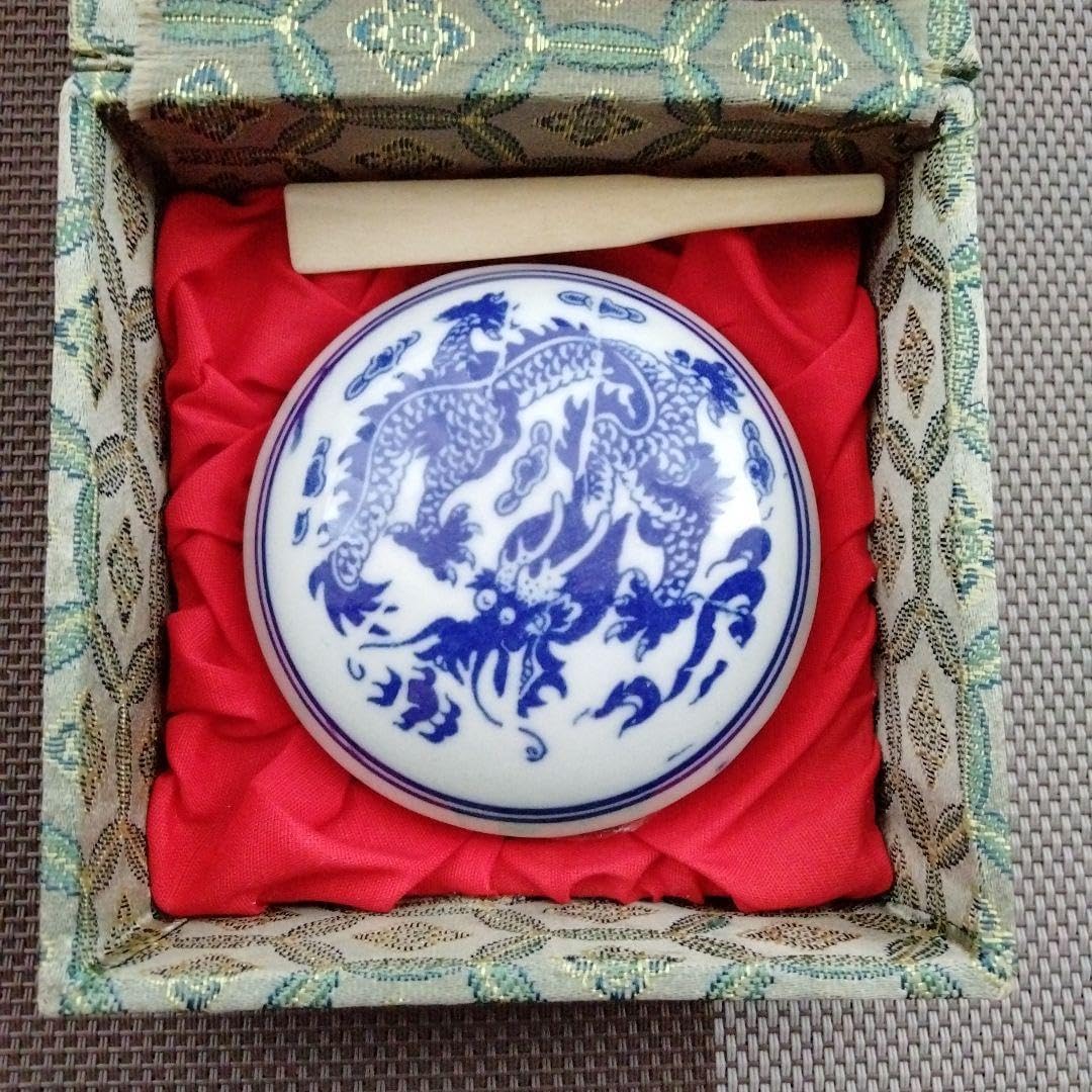 書道篆刻名品西冷印泥(大)中国最高級朱肉とても綺麗な朱色龍染付印合